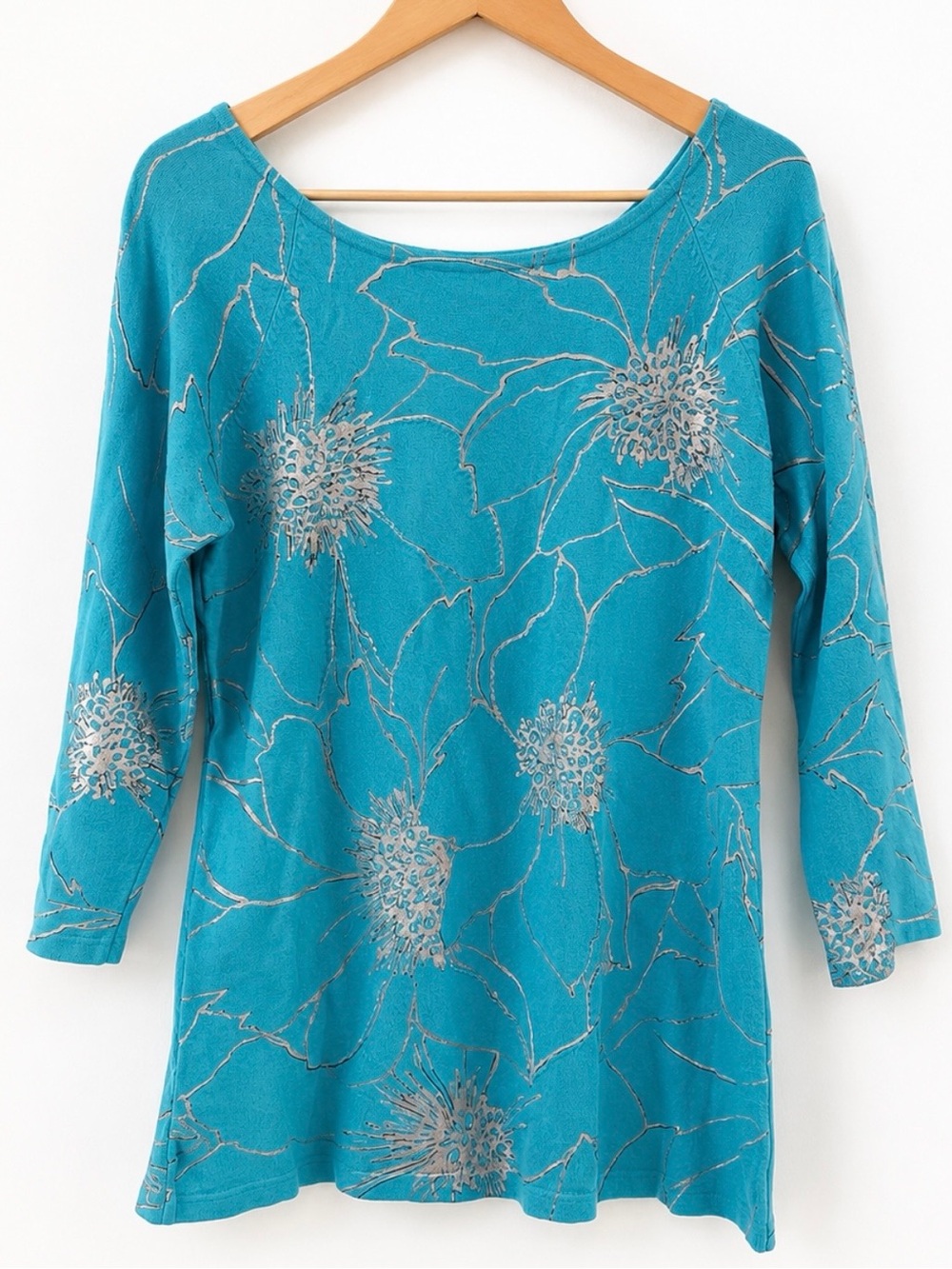 Cache Teal Blue Floral Scoop Neck Top